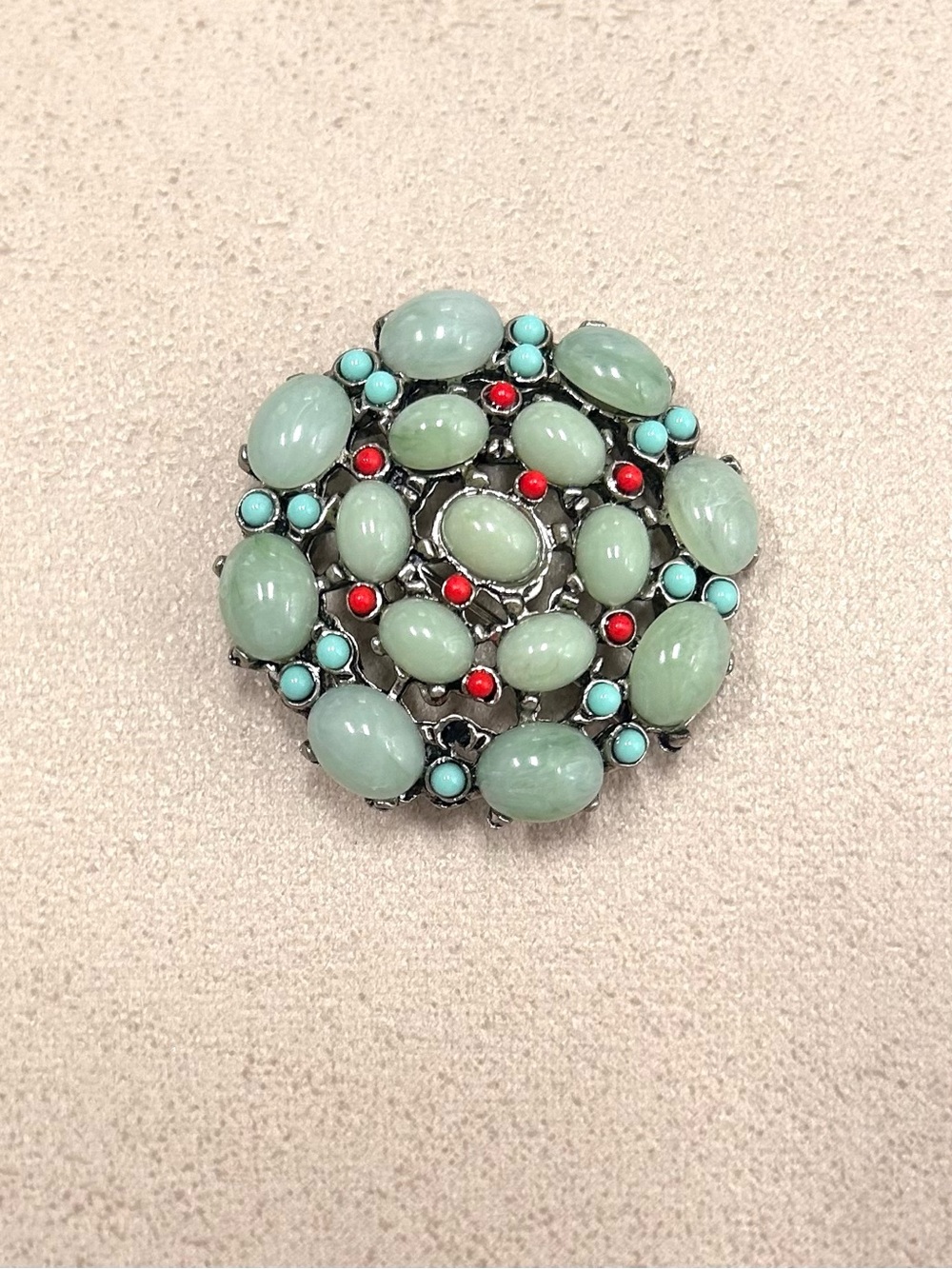 Vintage Silver-Tone Round Brooch Pin with Pale Green Cabochons